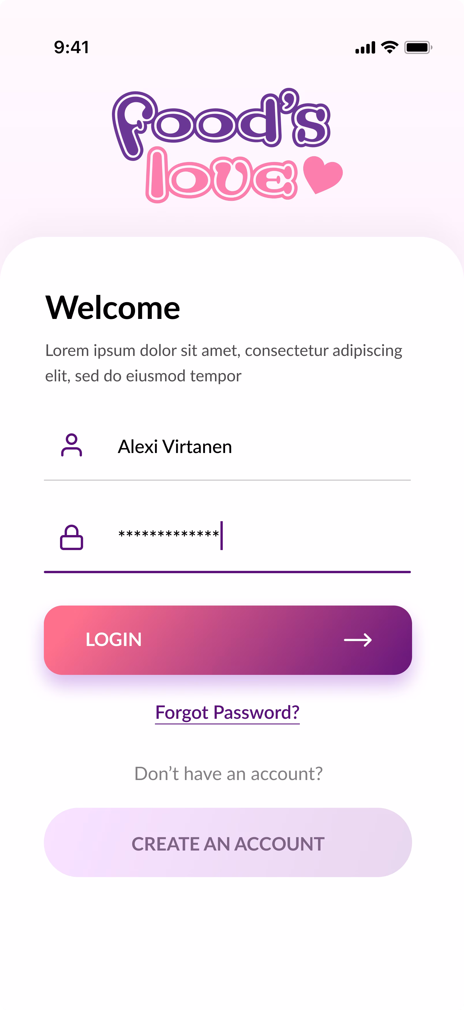 Foods Love login screen